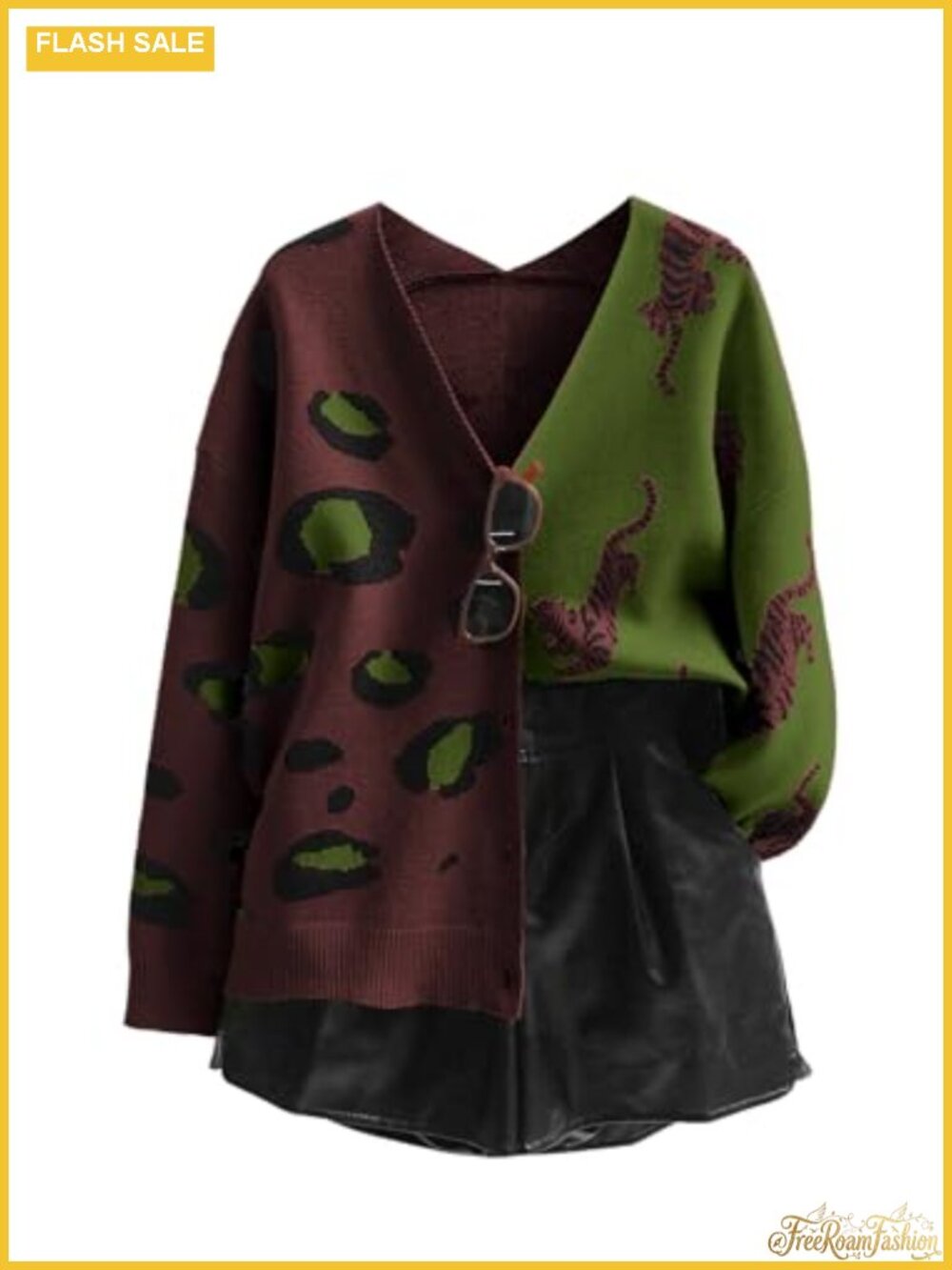 WDIRARA Leopard Tiger Print V Neck Long Sleeve Cardigan